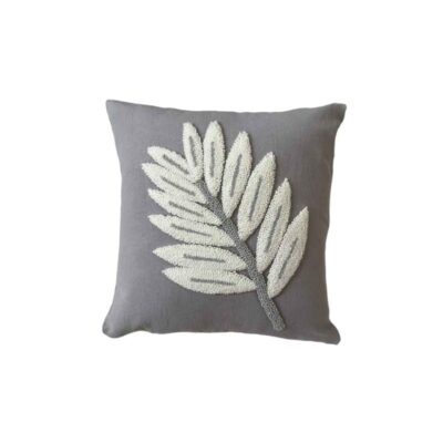 Housse de Coussin Punch Needle – Design Fibres de Coton & Feuille Brodé