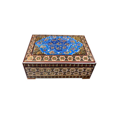 Boîte à bijoux en bois artisanale avec fleurs bleues persan Khatam