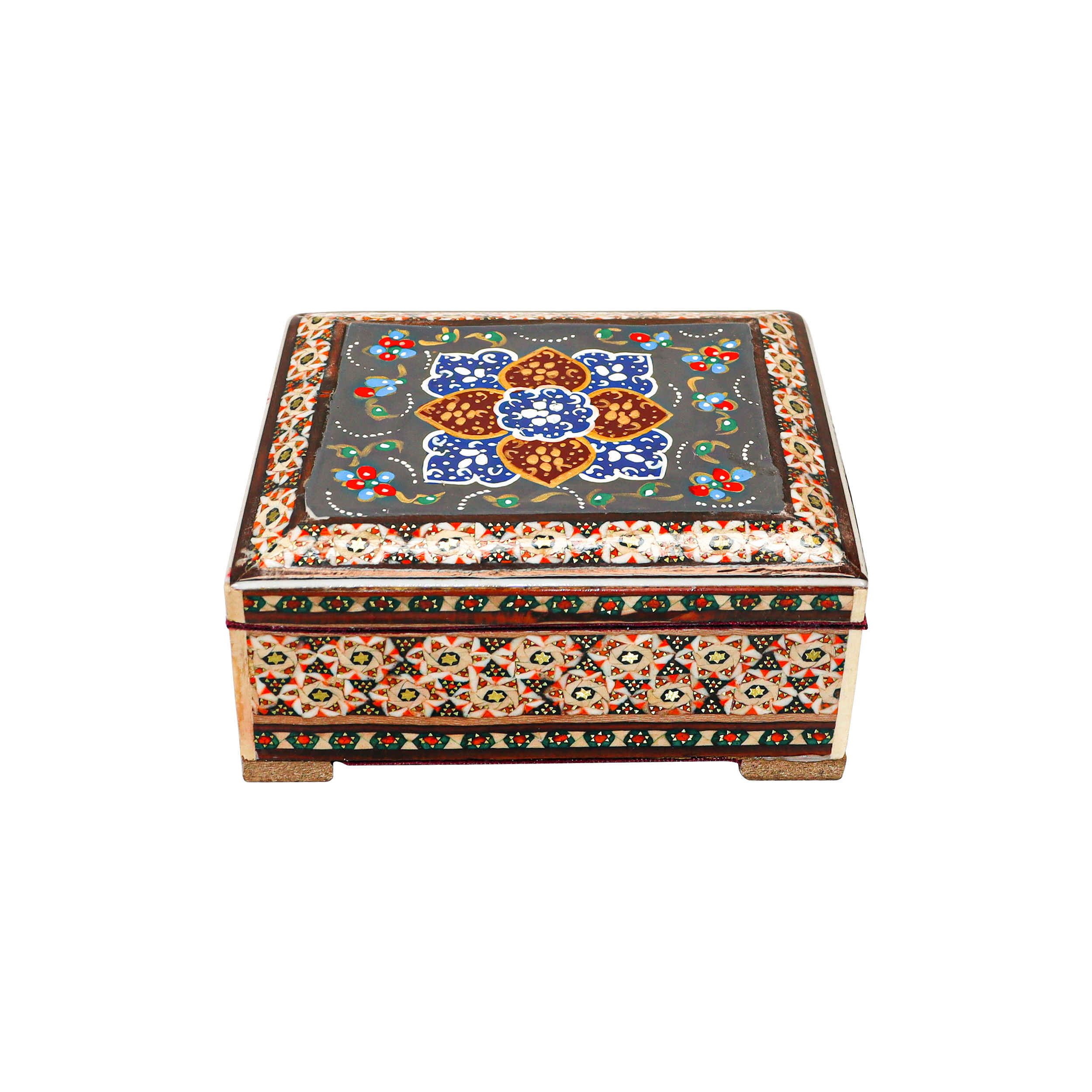Boîte à bijoux en bois persan avec fleurs Khatam