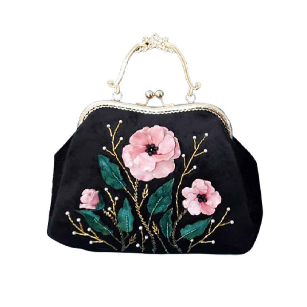 Pochette à broderie en ruban - Velours avec détail perlé de fleurs