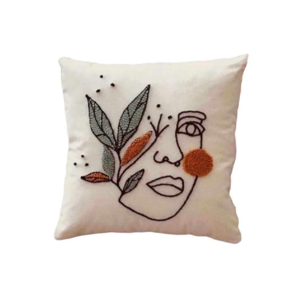 Housse de Coussin Punch Needle - Design Visage Brodé
