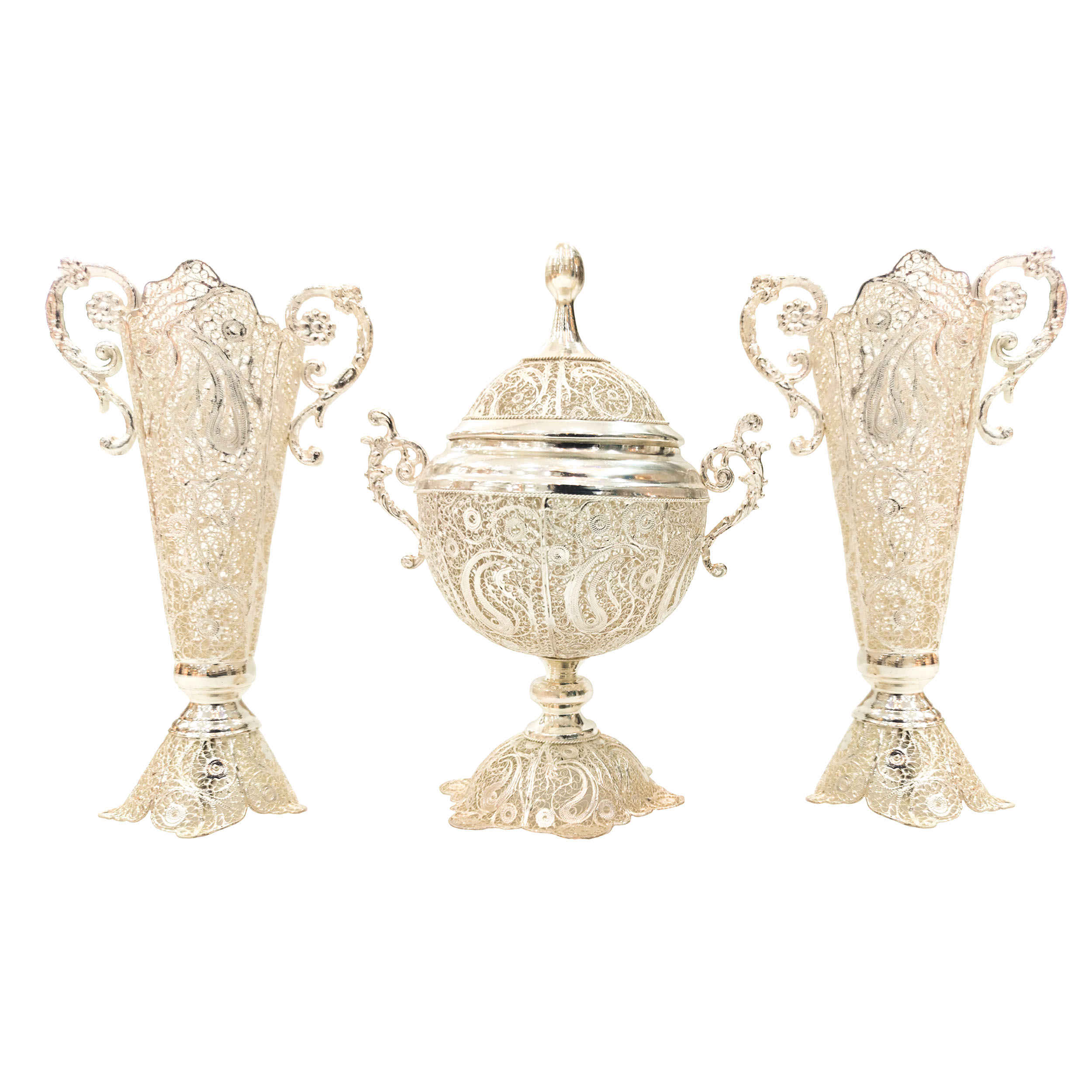 Vase décoratif en filigrane persan recouvert d'argent modèle Trumpet et bol