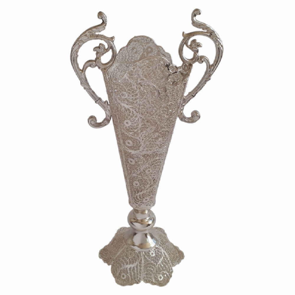 Vase décoratif en filigrane persan recouvert d'argent modèle Trumpet Jami