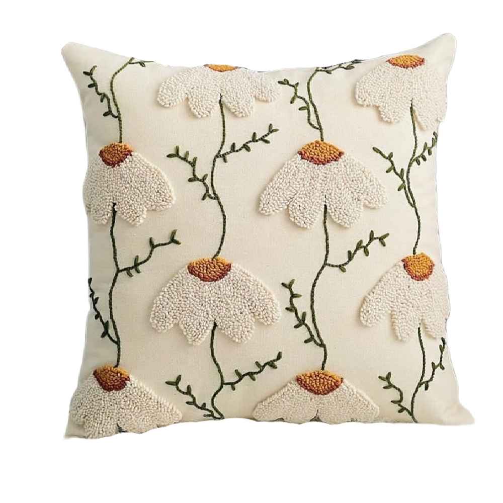 Housse de Coussin Punch Needle - Design Camomille Blanche Brodé