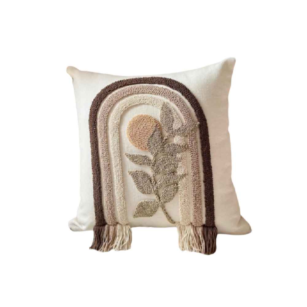 Housse de Coussin Punch Needle - Design Tissu de Coton & Arc-en-Ciel Brodé