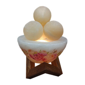 Lampe de sel persan en bol – modèle floral avec morceaux ronds et base en bois