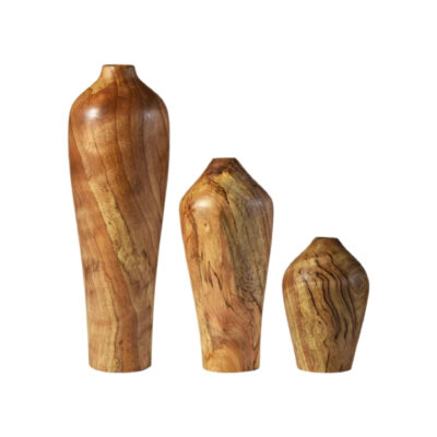 Lot de 3 vases décoratifs en bois faits main, en bois massif naturel, modèle Melanie.