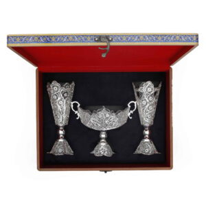 Set de 3 vases décoratifs en filigrane persan recouvert d’argent et bol Fakher