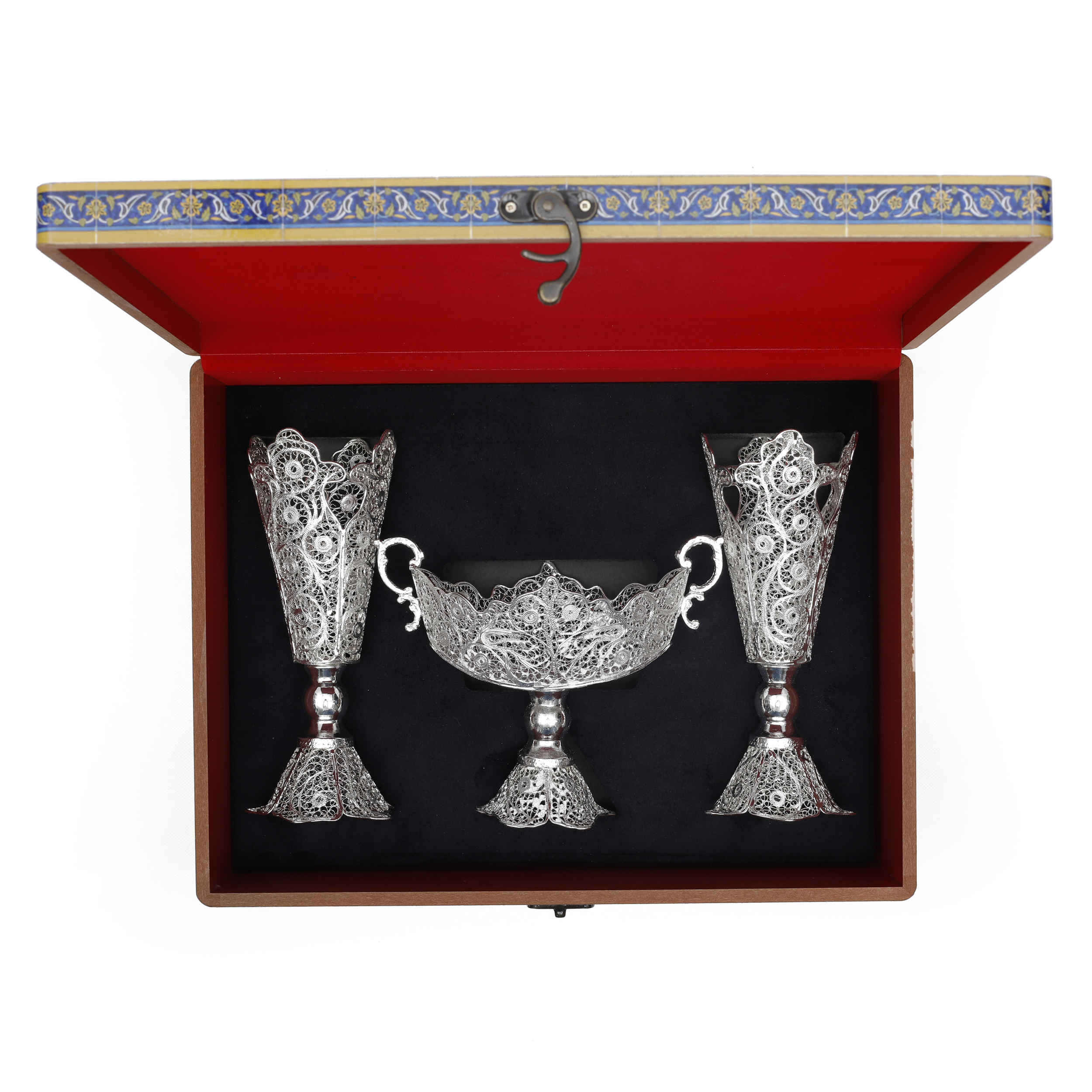 Set de 3 vases décoratifs en filigrane persan recouvert d'argent et bol Fakher