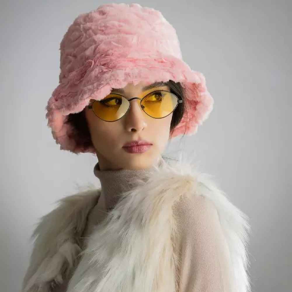 Chapeau seau en fausse fourrure duveteuse pour femmes - Modèle Patchwork