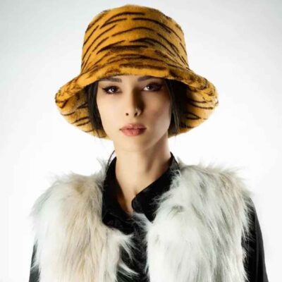 Chapeau seau en fausse fourrure duveteuse pour femmes – Modèle Tiger