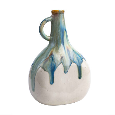 Vase à bourgeons en poterie fait main, design à glaçure dégoulinante avec anse, idéal pour le salon.