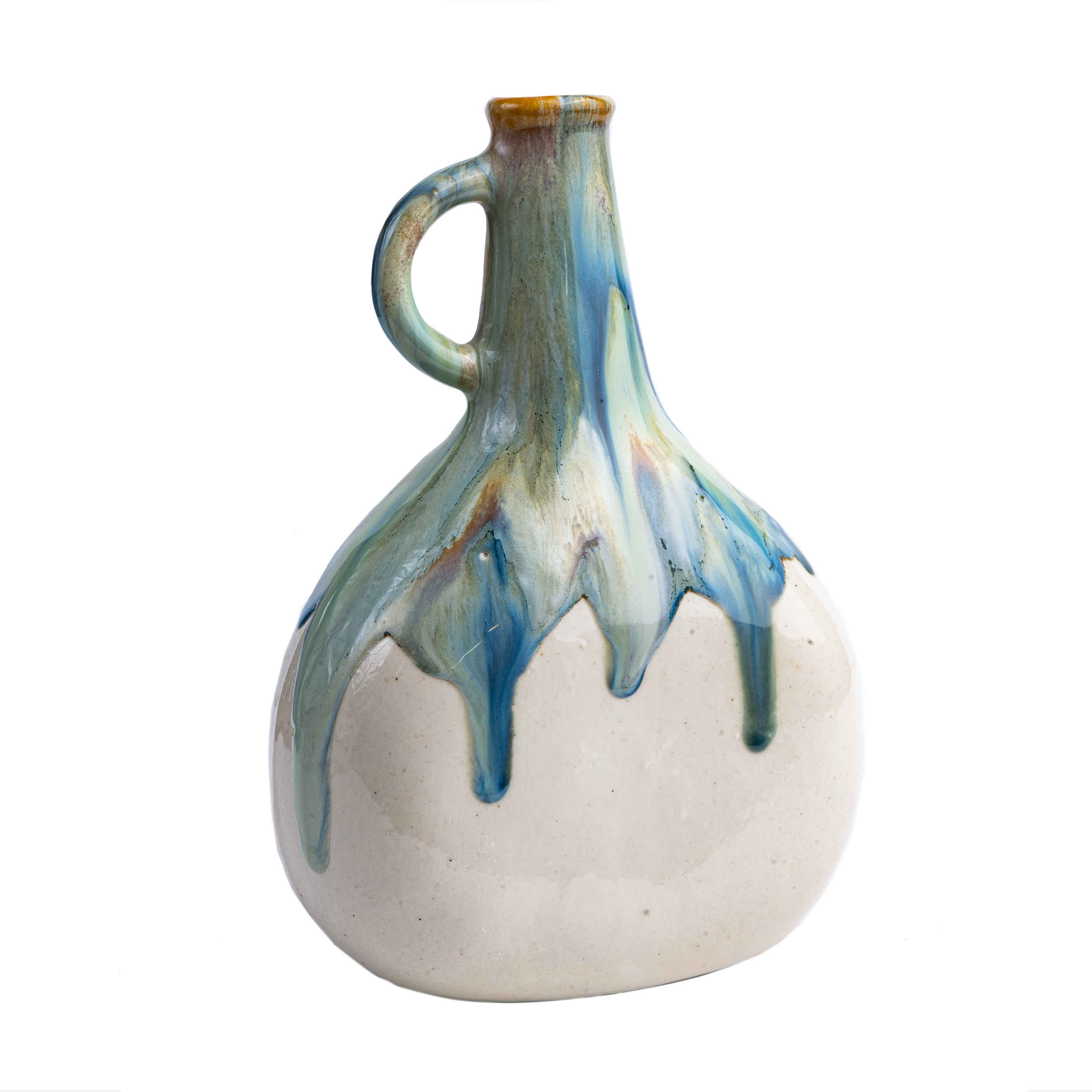 Vase à bourgeons en poterie fait main, design à glaçure dégoulinante avec anse, idéal pour le salon.