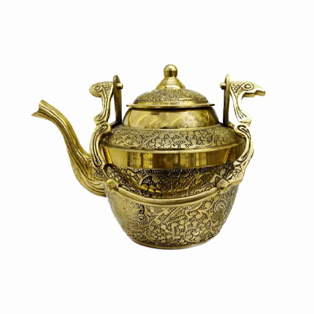 Théière en laiton artisanale avec design floral élégant Paon