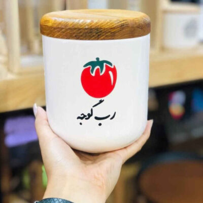 Bocal en céramique pour stocker de la pâte de tomate avec couvercle en bois