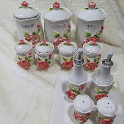 Pot de stockage en céramique – Rangement élégant pour café, thé, et plus, Embossé Gol Barjasteh