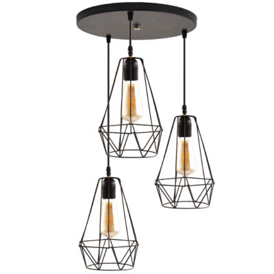 Suspension en grappe métallique avec abat-jour diamant – 3 lumières