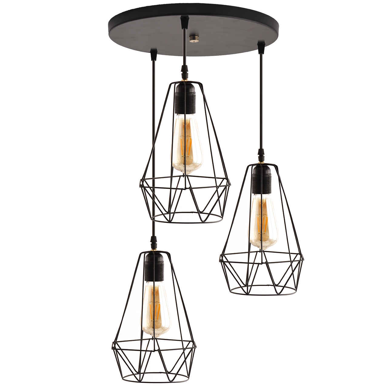 Suspension en grappe métallique avec abat-jour diamant – 3 lumières