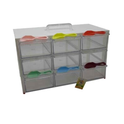 Boîte de rangement en plastique avec 9 tiroirs et cuillères colorées