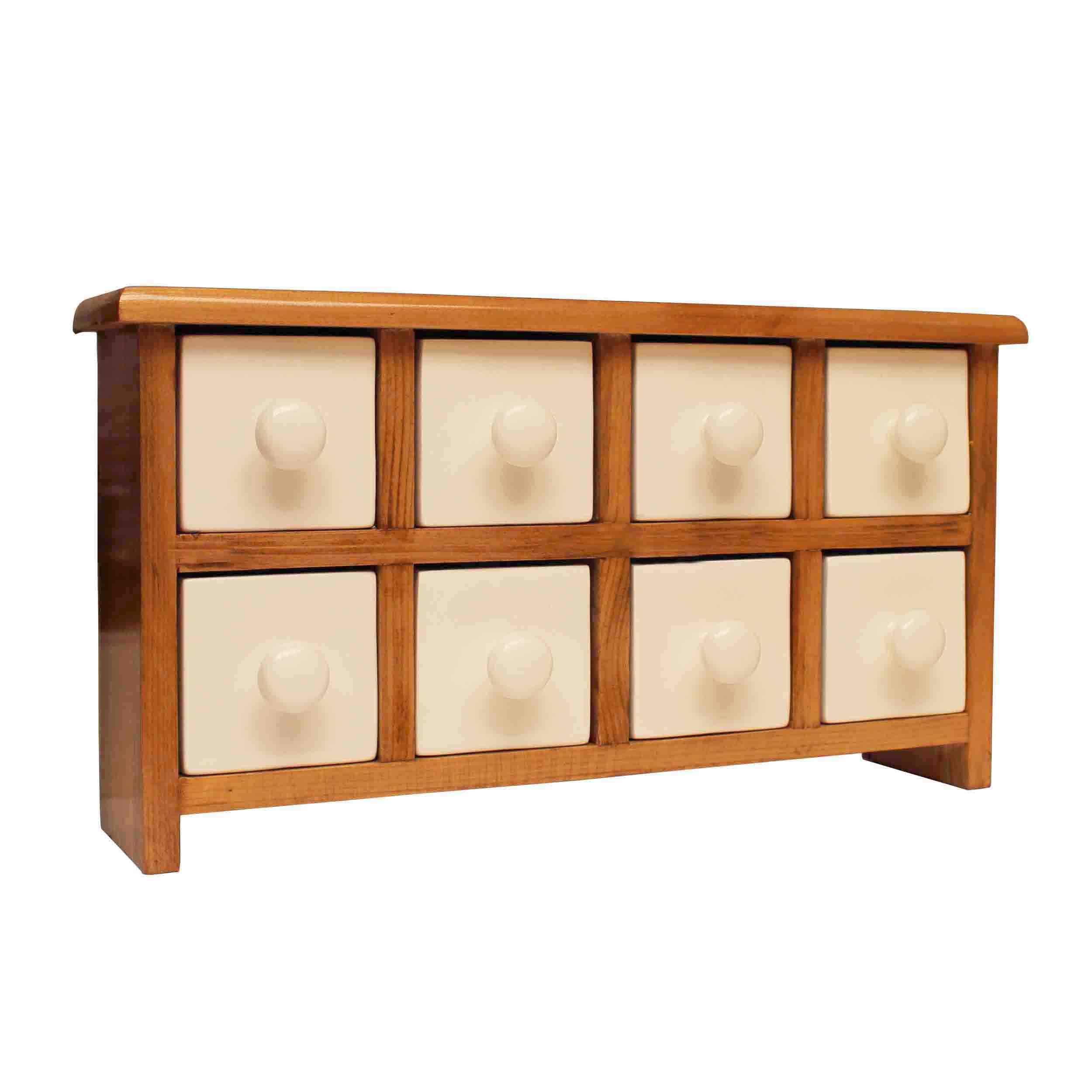 Commode en bois avec 8 tiroirs en céramique fabriquée à la main