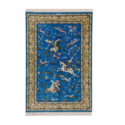 Tapis de prière persan en soie authentique noué à la main et luxueux Sajada Chasse