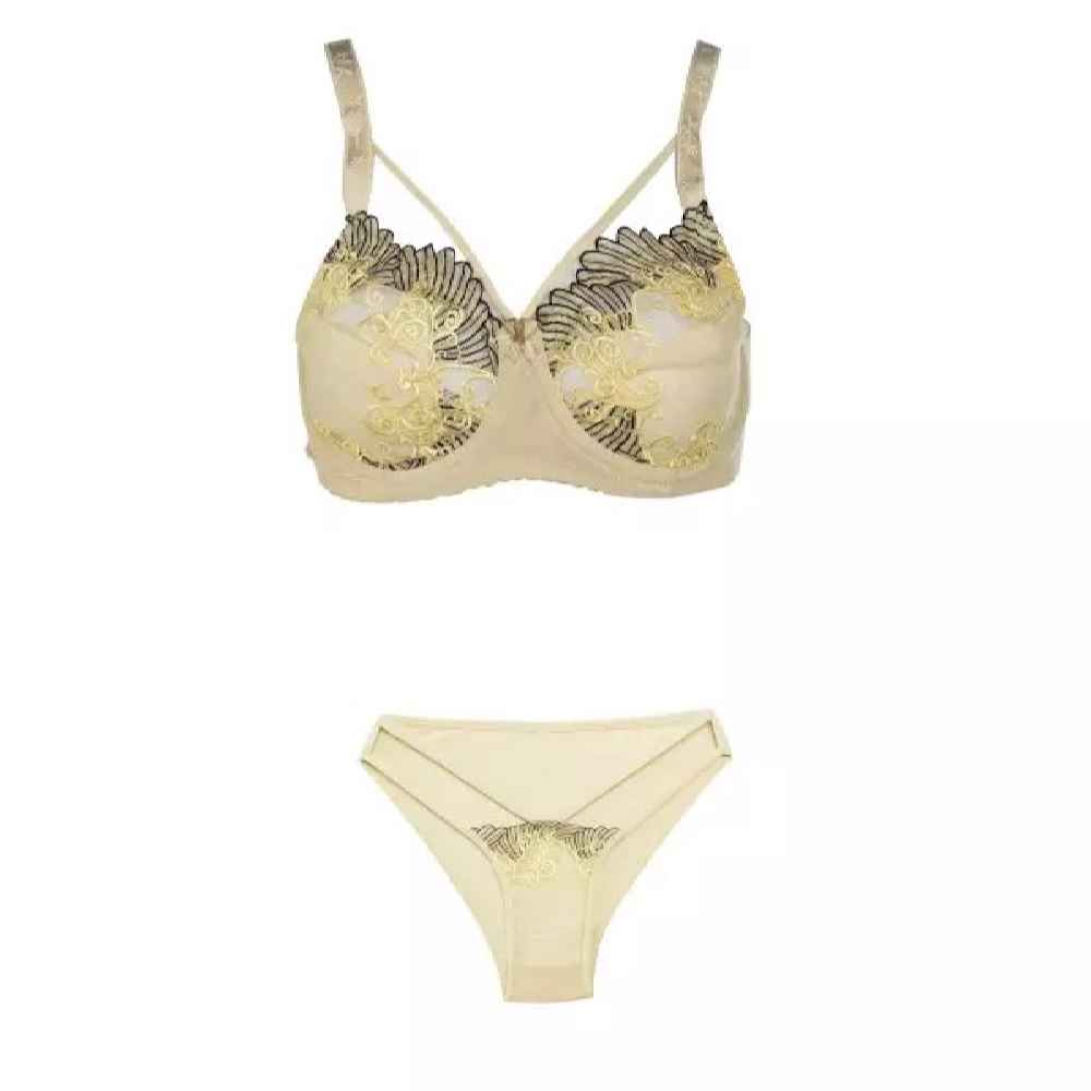 Ensemble de lingerie soutien-gorge en dentelle & string brodé avec bretelles réglables
