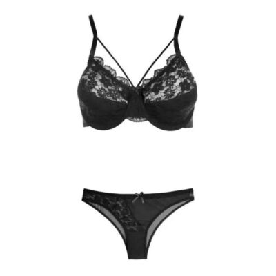 Ensemble de lingerie soutien-gorge en dentelle & string avec nœud décoratif à l’avant