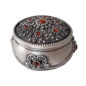Boîte à bijoux en métal au design vintage avec gemme rouge