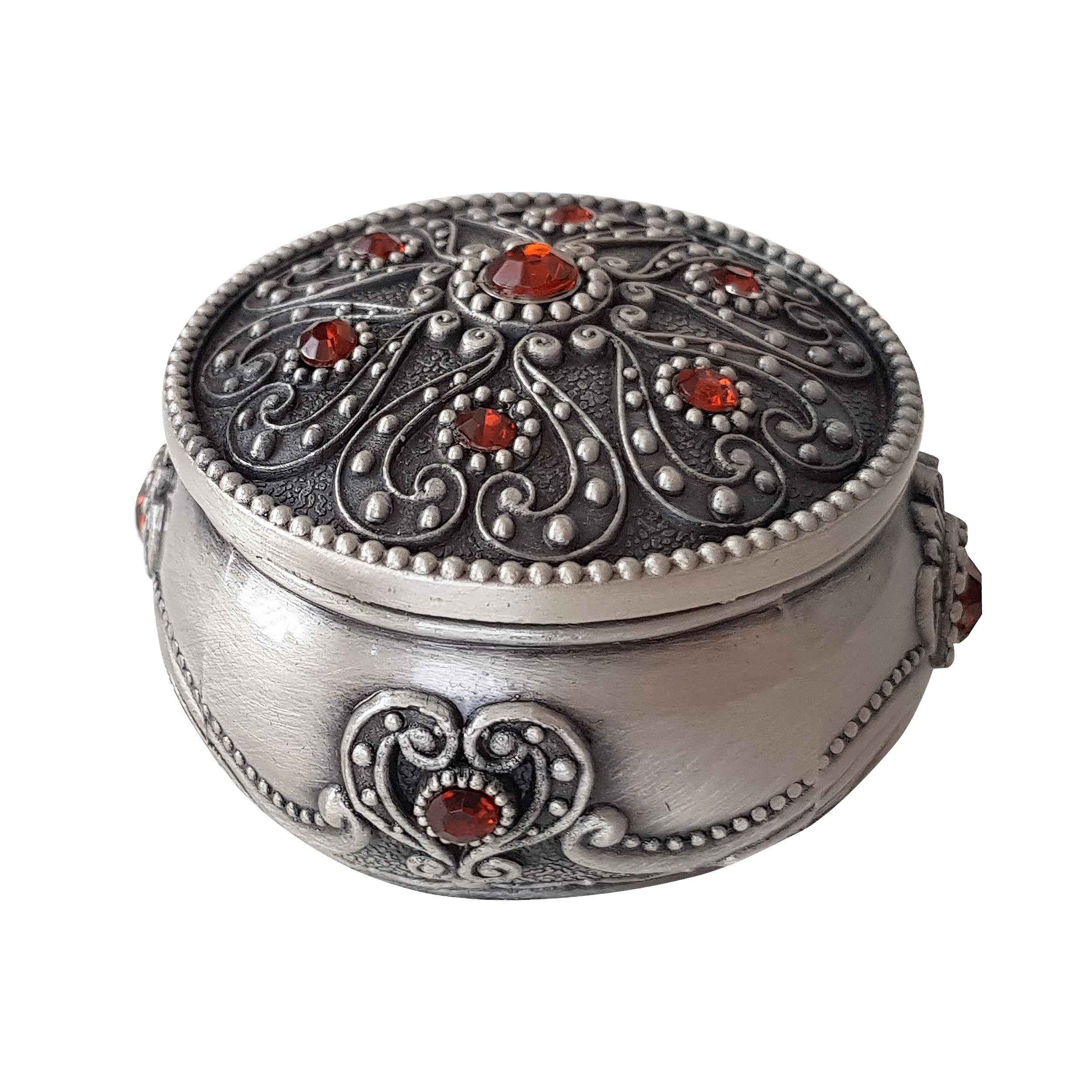 Boîte à bijoux en métal au design vintage avec gemme rouge