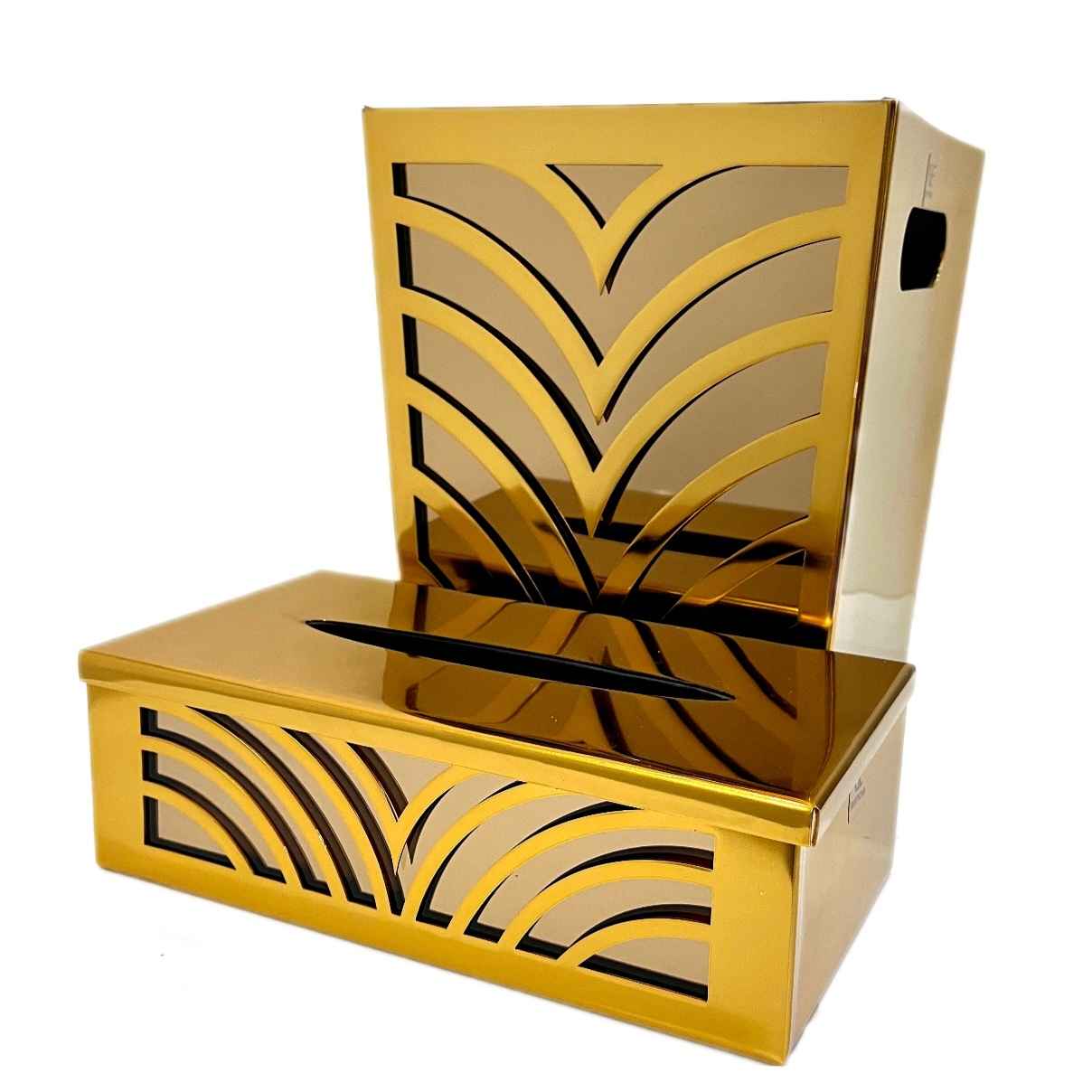Ensemble corbeille et boîte à mouchoirs en métal – Avec miroir et bois
