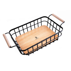 Panier à fruits en fil métallique avec poignée et base en bois