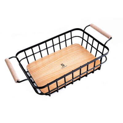 Panier à fruits en fil métallique avec poignée et base en bois