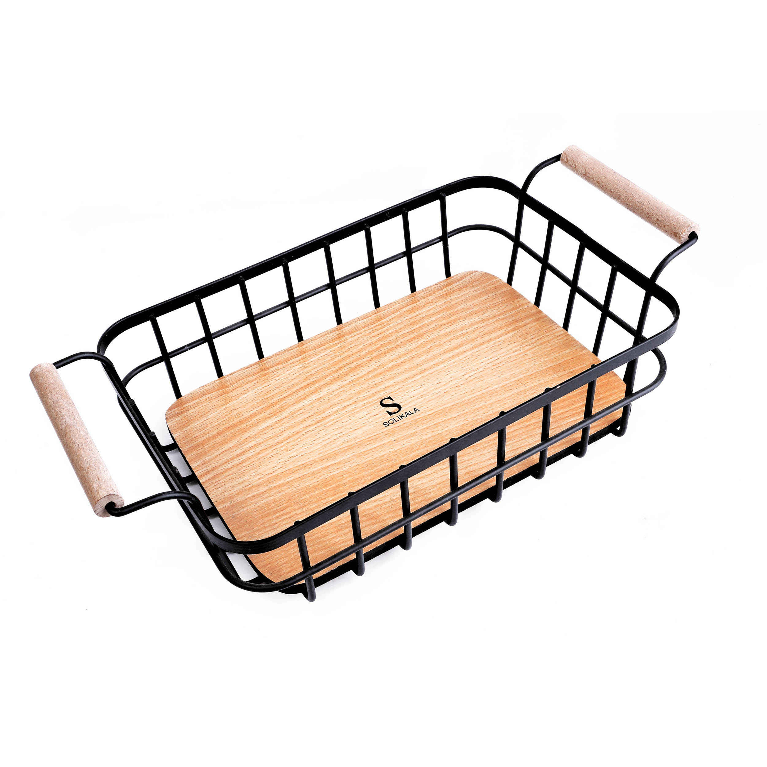 Panier à fruits en fil métallique avec poignée et base en bois