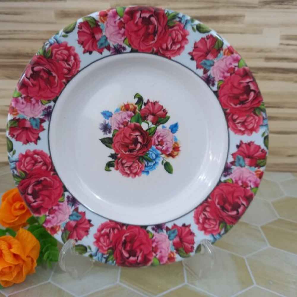 Ensemble d'Assiettes en Mélamine Blanches, Compatible Micro-ondes, Fleur Rose