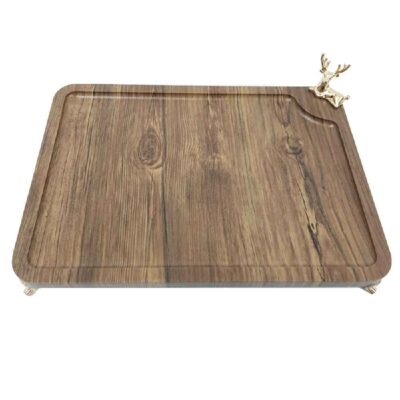 Plateau en bois avec cerf doré en acier et base – Pièce centrale originale pour le service