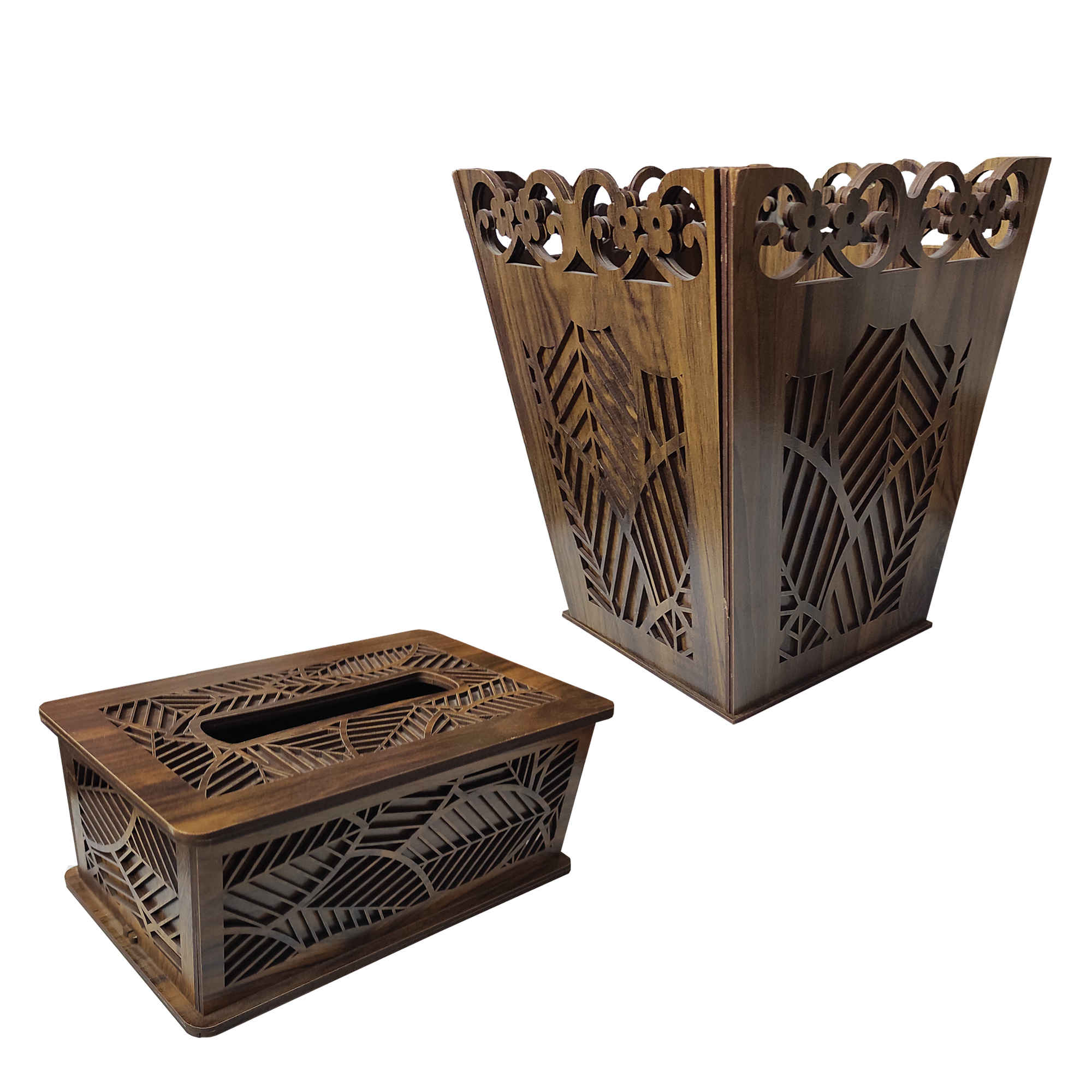 Ensemble corbeille et boîte à mouchoirs en bois – Motif feuillage