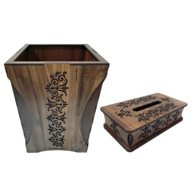 Ensemble corbeille et boîte à mouchoirs en bois – Motif floral