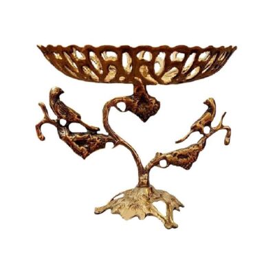 Présentoir de Service en Laiton Motif Moineau Traditionnel pour Douceurs