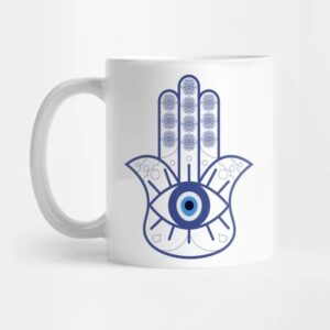 Tasse à Café en Céramique Islamique – Motif Main Hamsa Bleue
