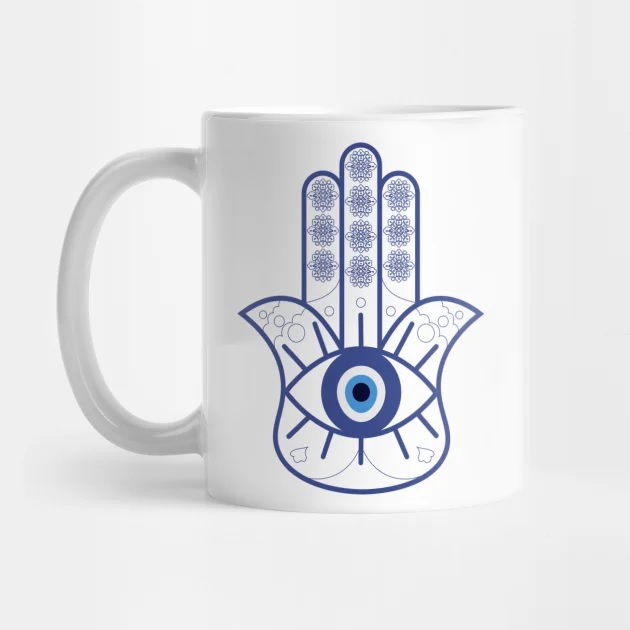 Tasse à Café en Céramique Islamique - Motif Main Hamsa Bleue