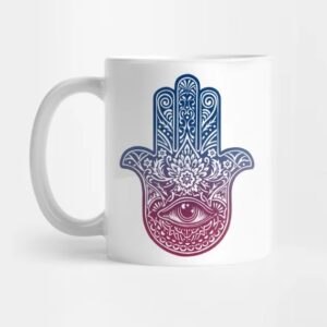 Tasse à Café en Céramique Islamique – Motif Œil et Main Hamsa