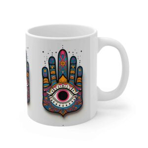 Tasse à Café en Céramique Islamique – Motif Main de Fatima Hamsa Colorée