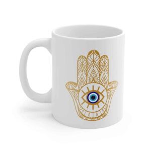 Tasse à Café en Céramique Islamique – Motif Main Hamsa Dorée