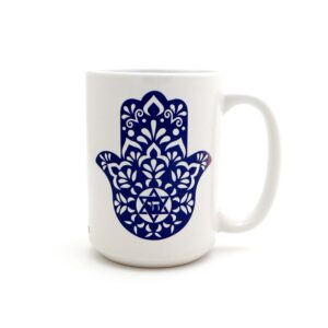 Tasse à Café en Céramique Islamique – Motif Main de Fatima Hamsa Bleu Marine