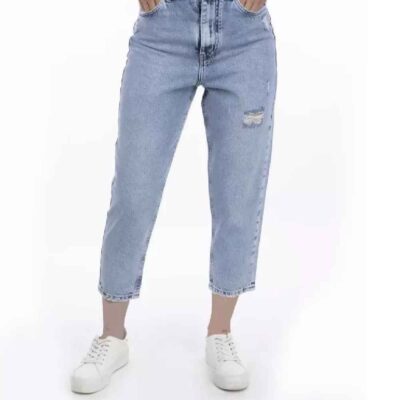 Jeans Mom Bleu Clair à Jambe Droite – Denim Contemporain Chic