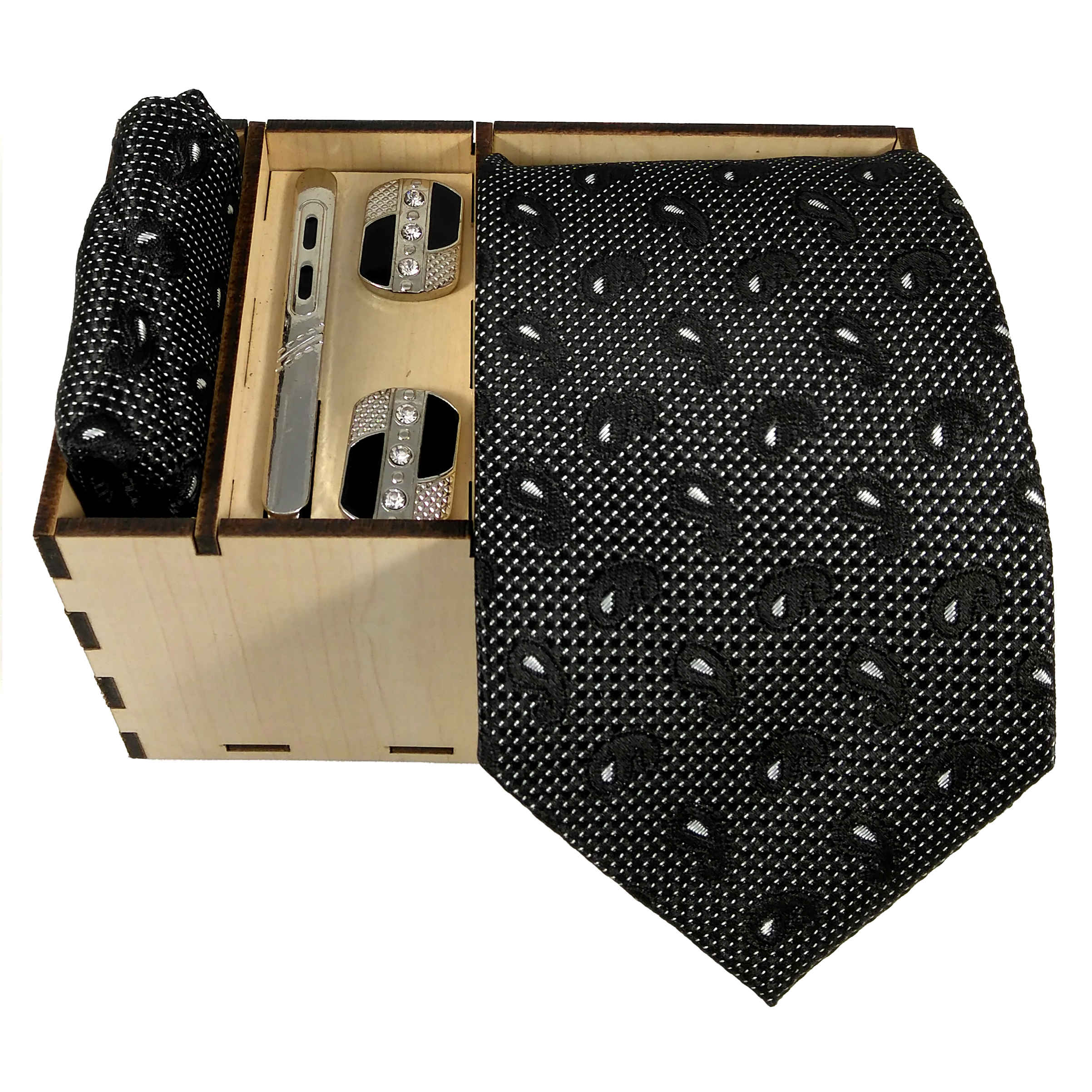Ensemble Cravate, Pochette & Boutons de Manchette pour Homme - Noir de Luxe