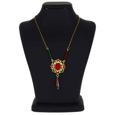 Collier en Laiton Thème Traditionnel Persan pour Femmes avec Agate Rouge et Verte
