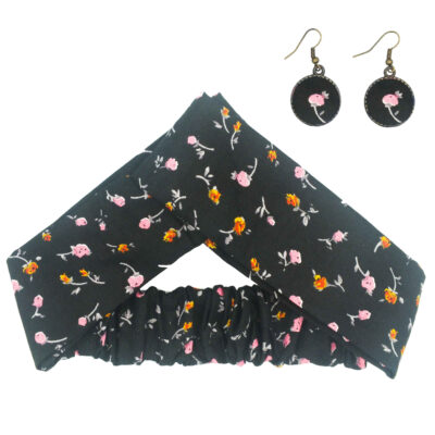 Ensemble Bandeau Croisé Torsadé & Boucles d’Oreilles Noir avec Fleurs pour Femme