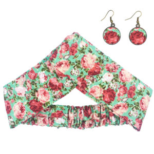 Ensemble Bandeau Croisé Torsadé & Boucles d’Oreilles Floral Vert Clair pour Femme