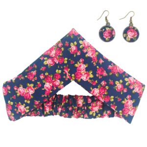 Ensemble Bandeau Croisé Torsadé & Boucles d’Oreilles Floral Bleu Marine pour Femme